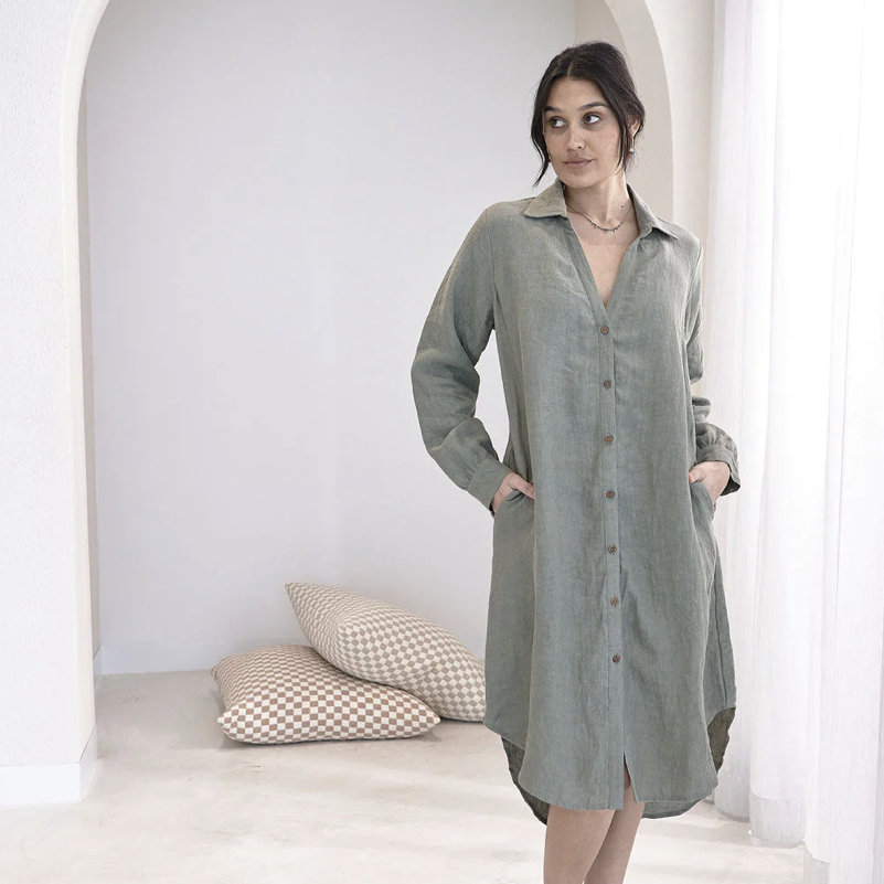 Linen Shirt Dress Chalk & Charcoal Linen Shirt Dress Chalk & Charcoal