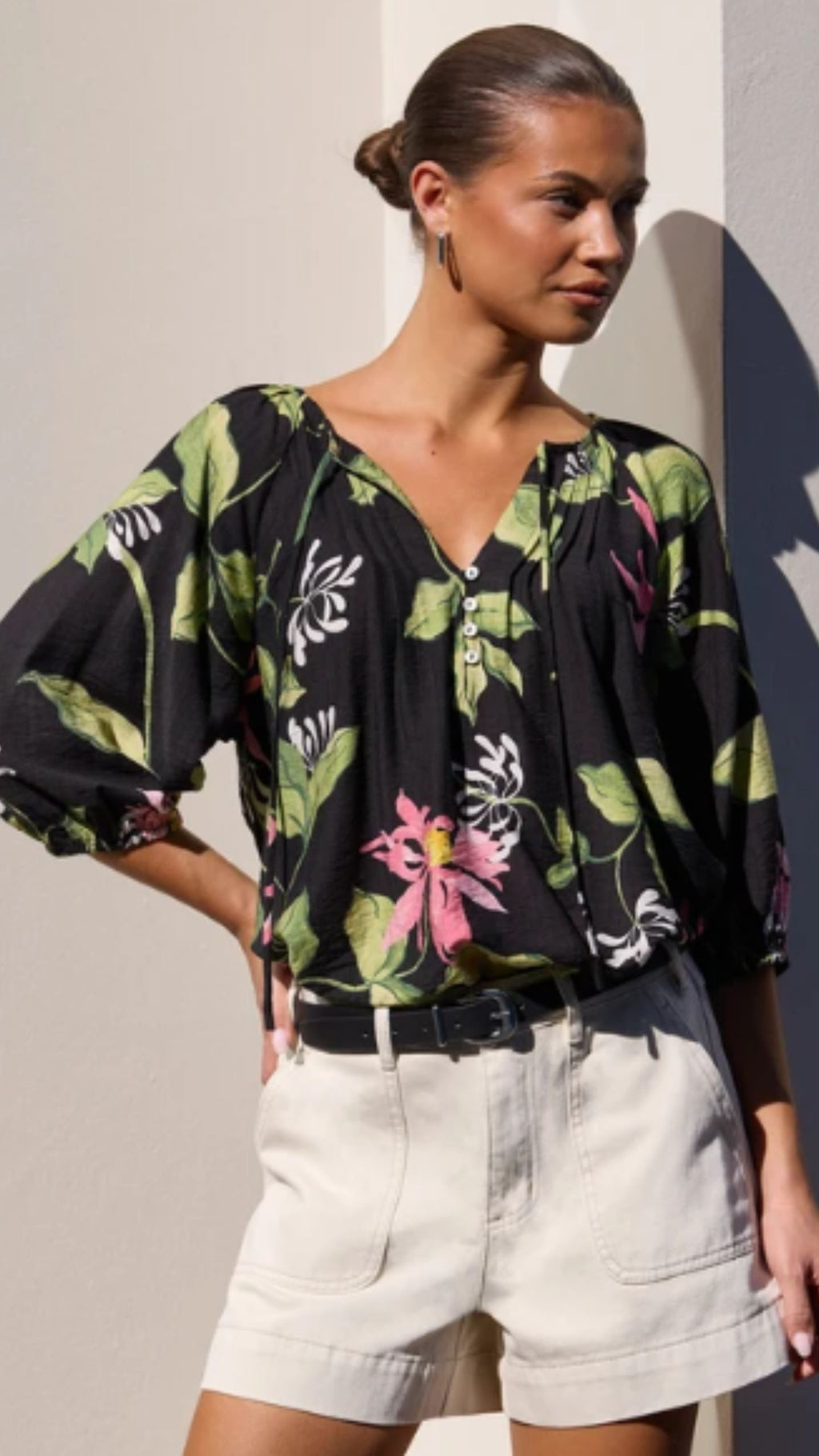 Refine Black Blush Floral Pintuck Front Mid Sleeve