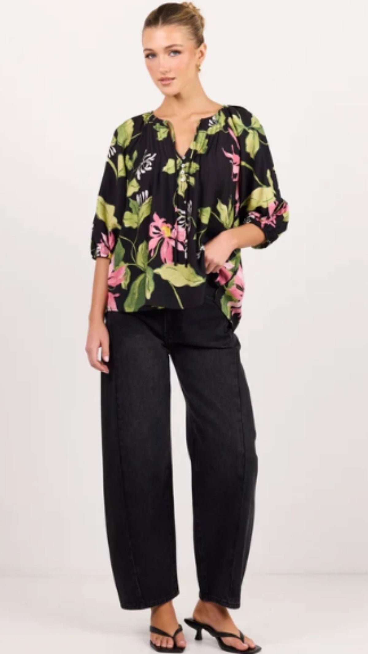 Refine Black Blush Floral Pintuck Front Mid Sleeve