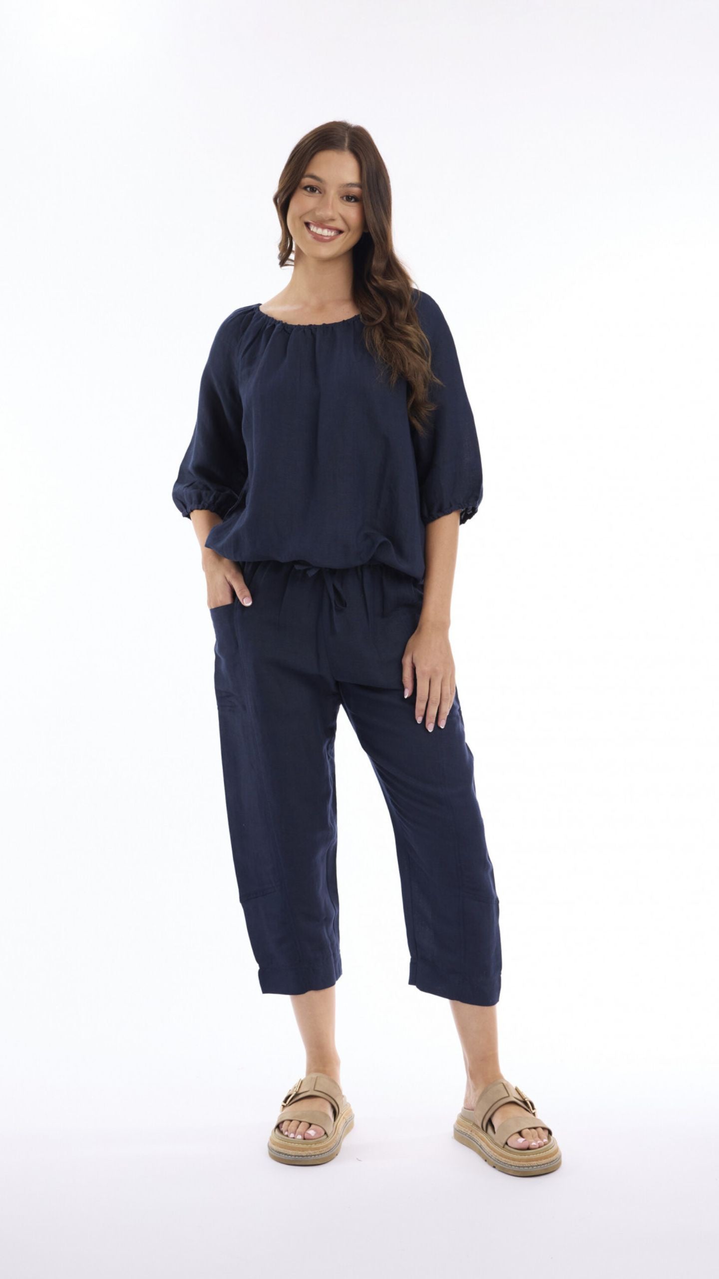 Linen Top with Gather Neck