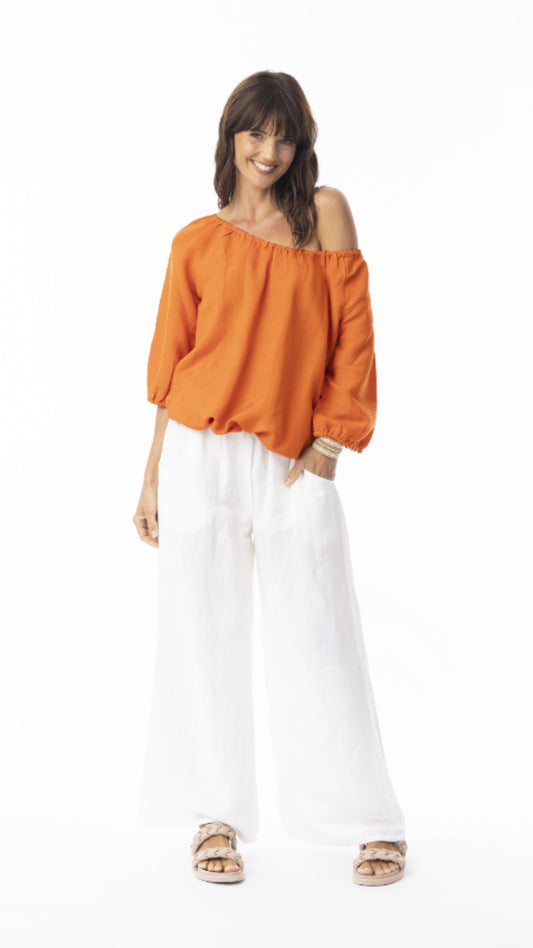 Linen Gathered Neck Top
