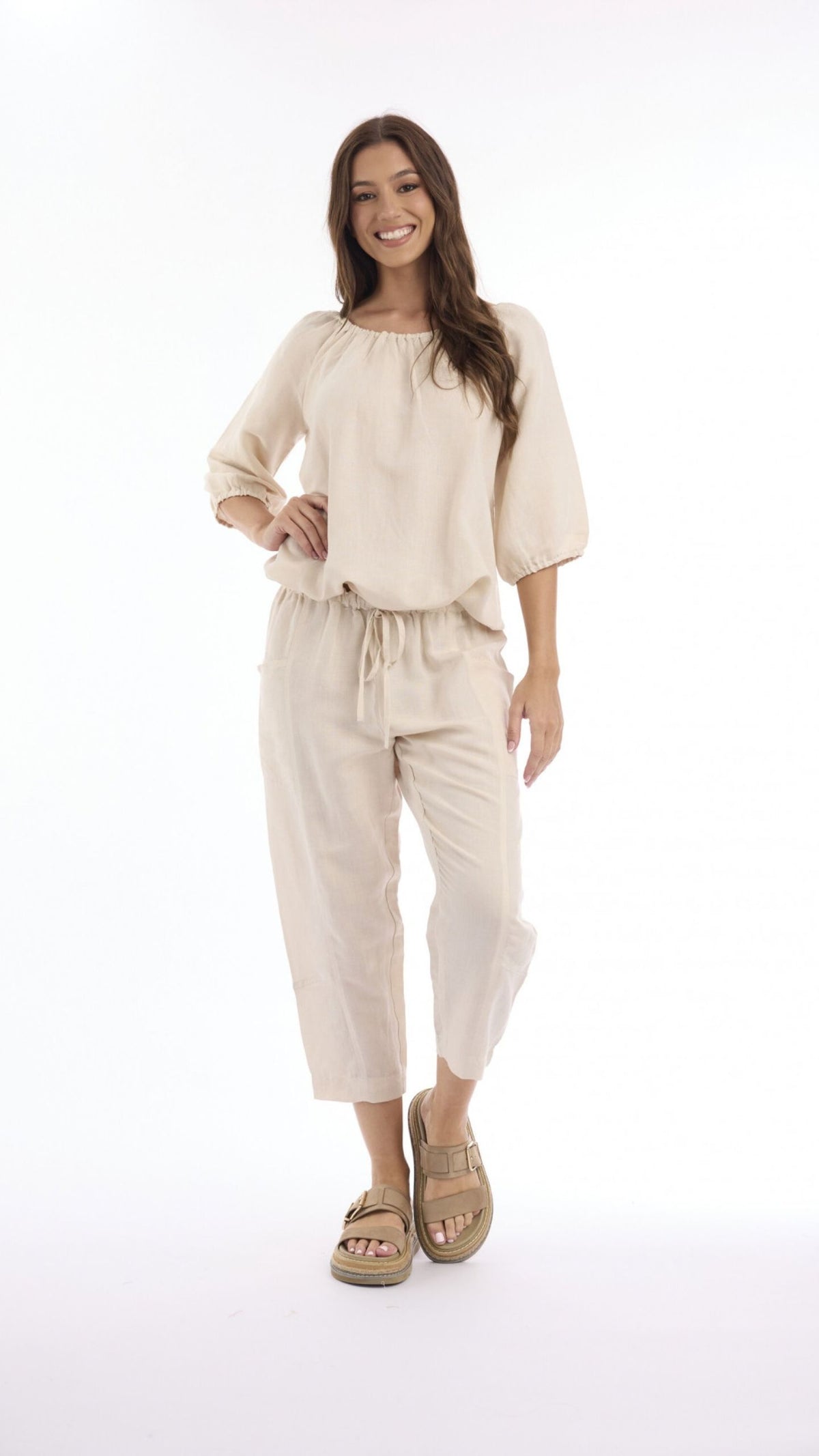 Linen Top with Gather Neck