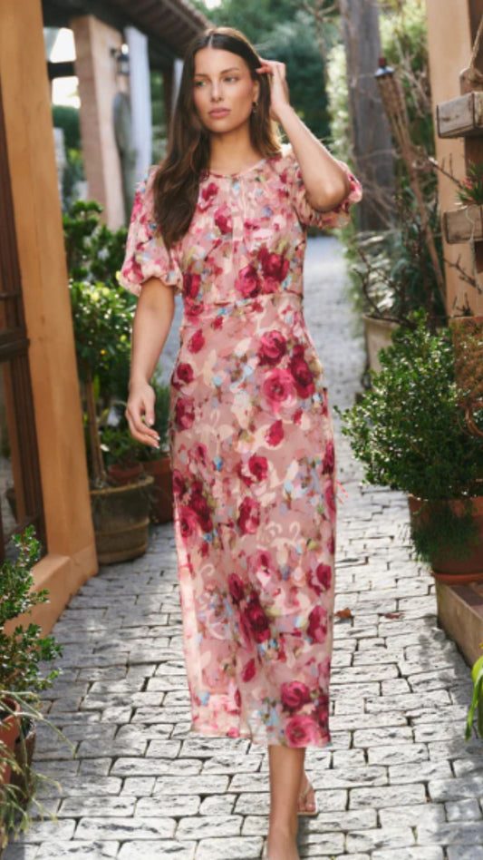 Exquisite Painted Rose Midi Dress