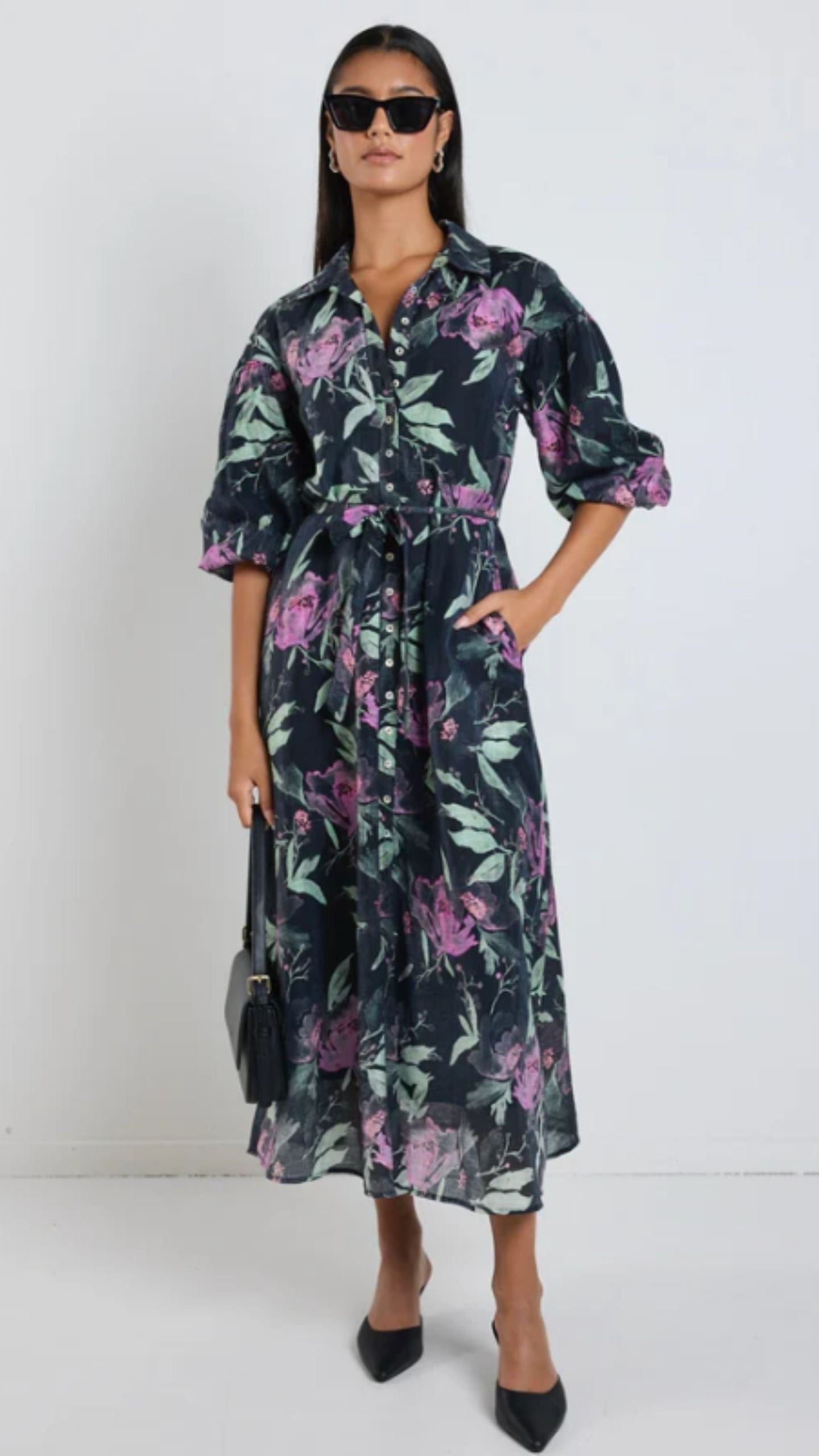 Balloon Sleeve Midi Shirt Dress