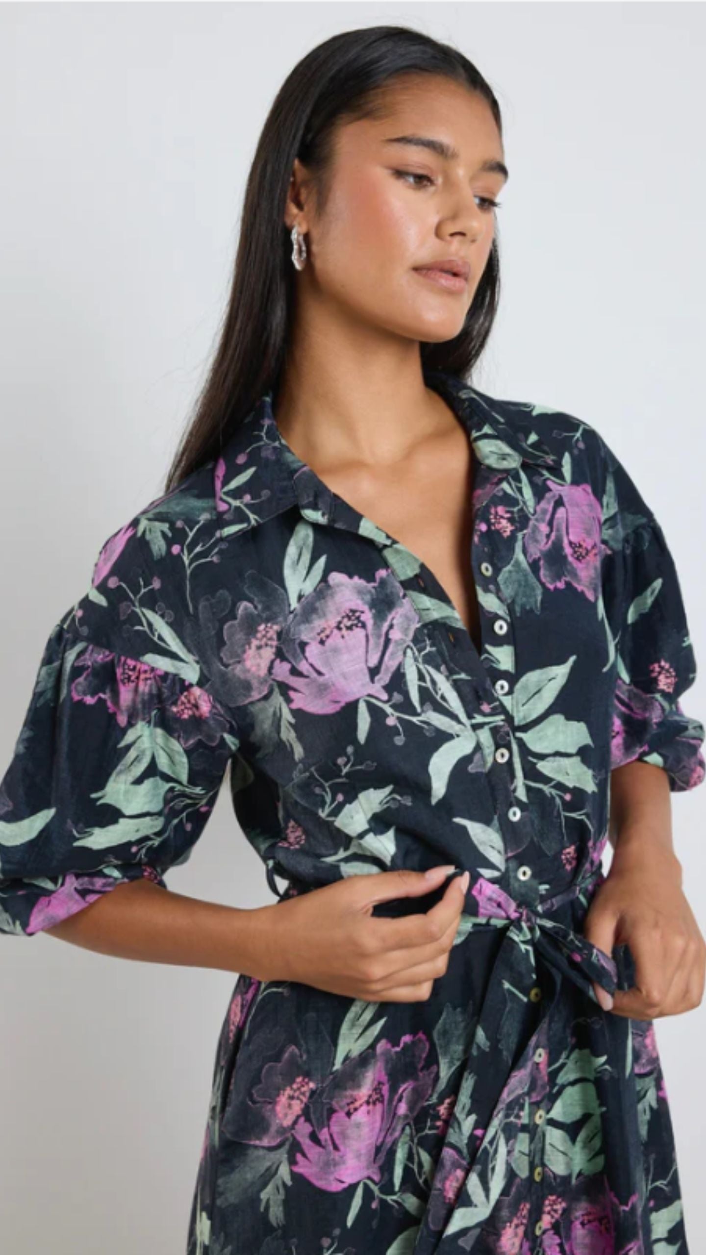 Balloon Sleeve Midi Shirt Dress