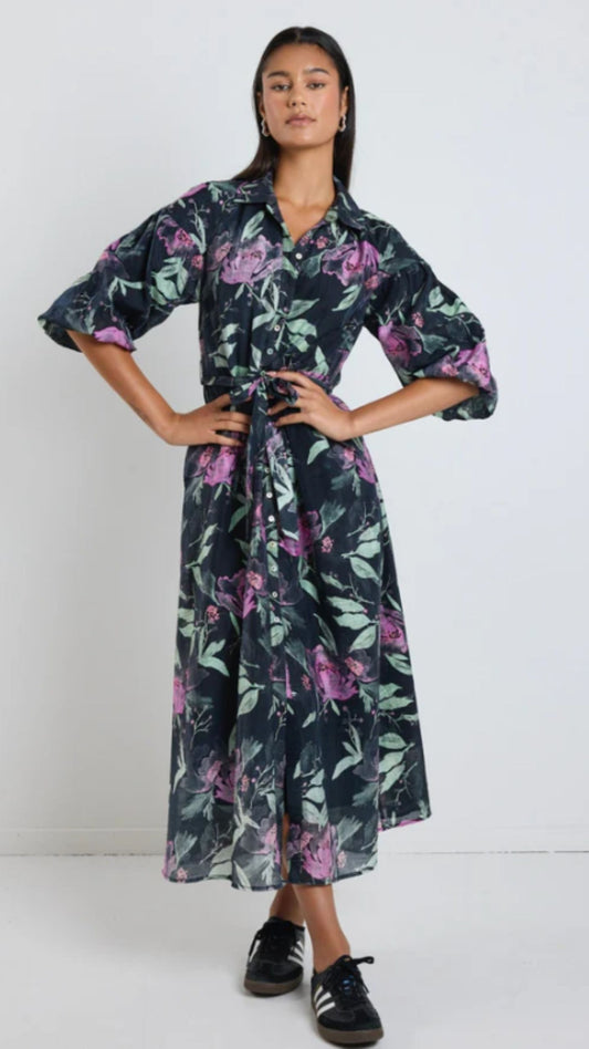 Balloon Sleeve Midi Shirt Dress