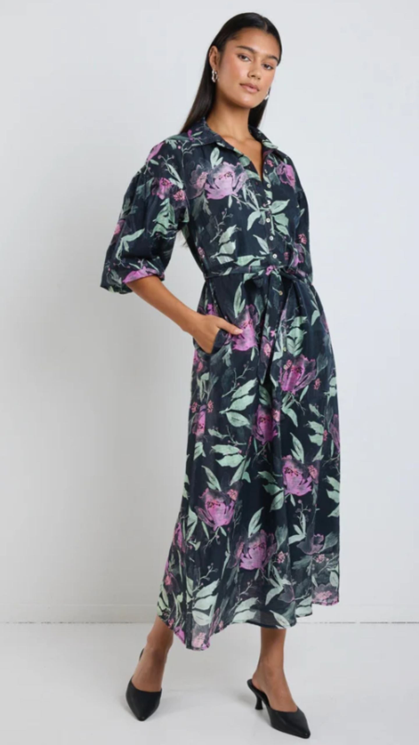 Balloon Sleeve Midi Shirt Dress