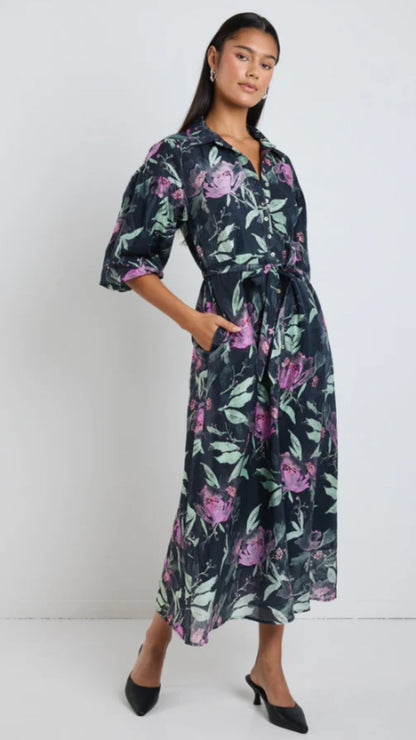 Balloon Sleeve Midi Shirt Dress