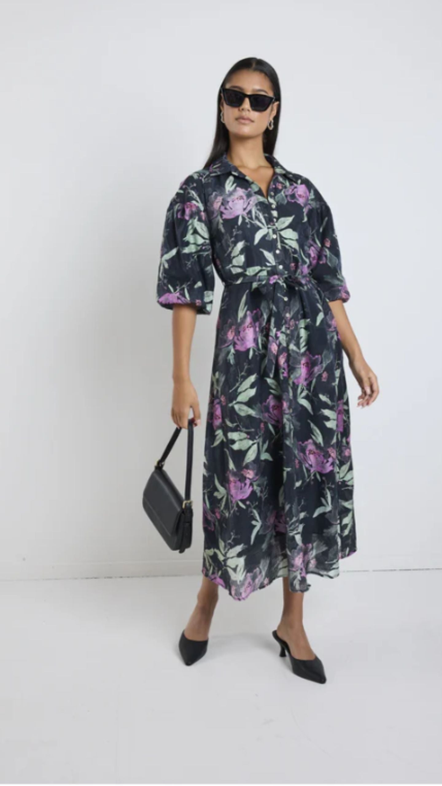 Balloon Sleeve Midi Shirt Dress