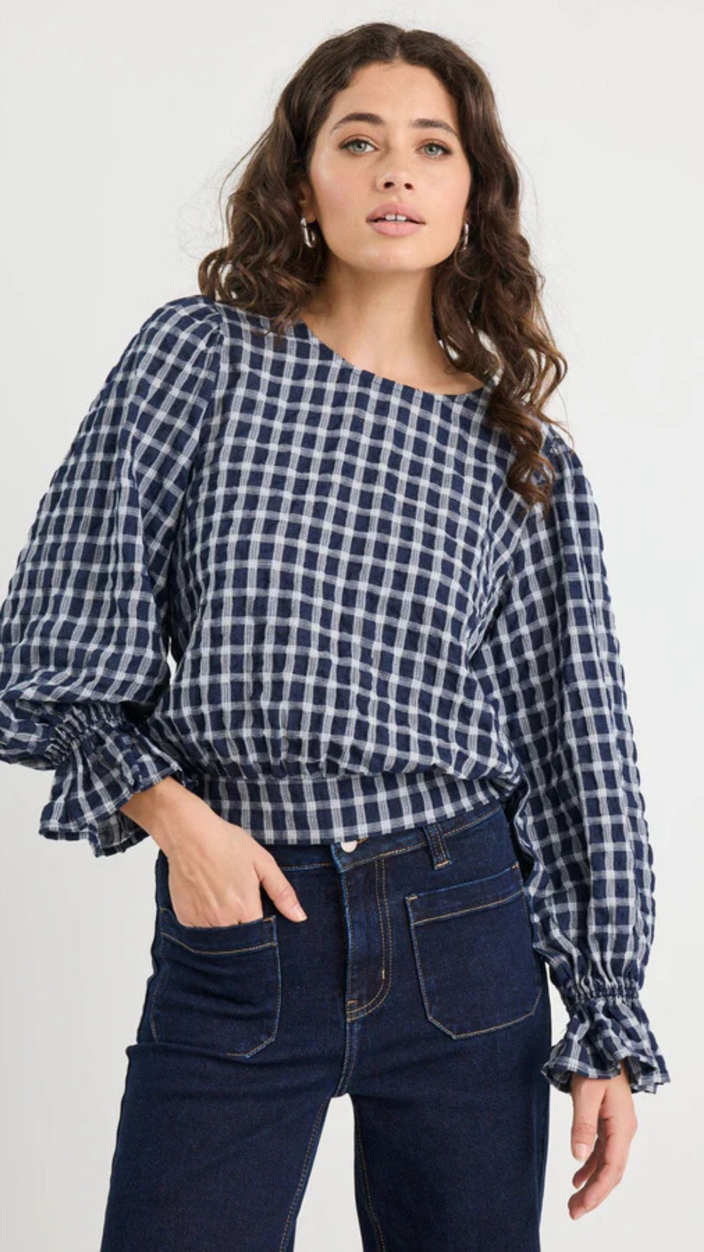 Imagine Check Shirred Back Panel L/S Top