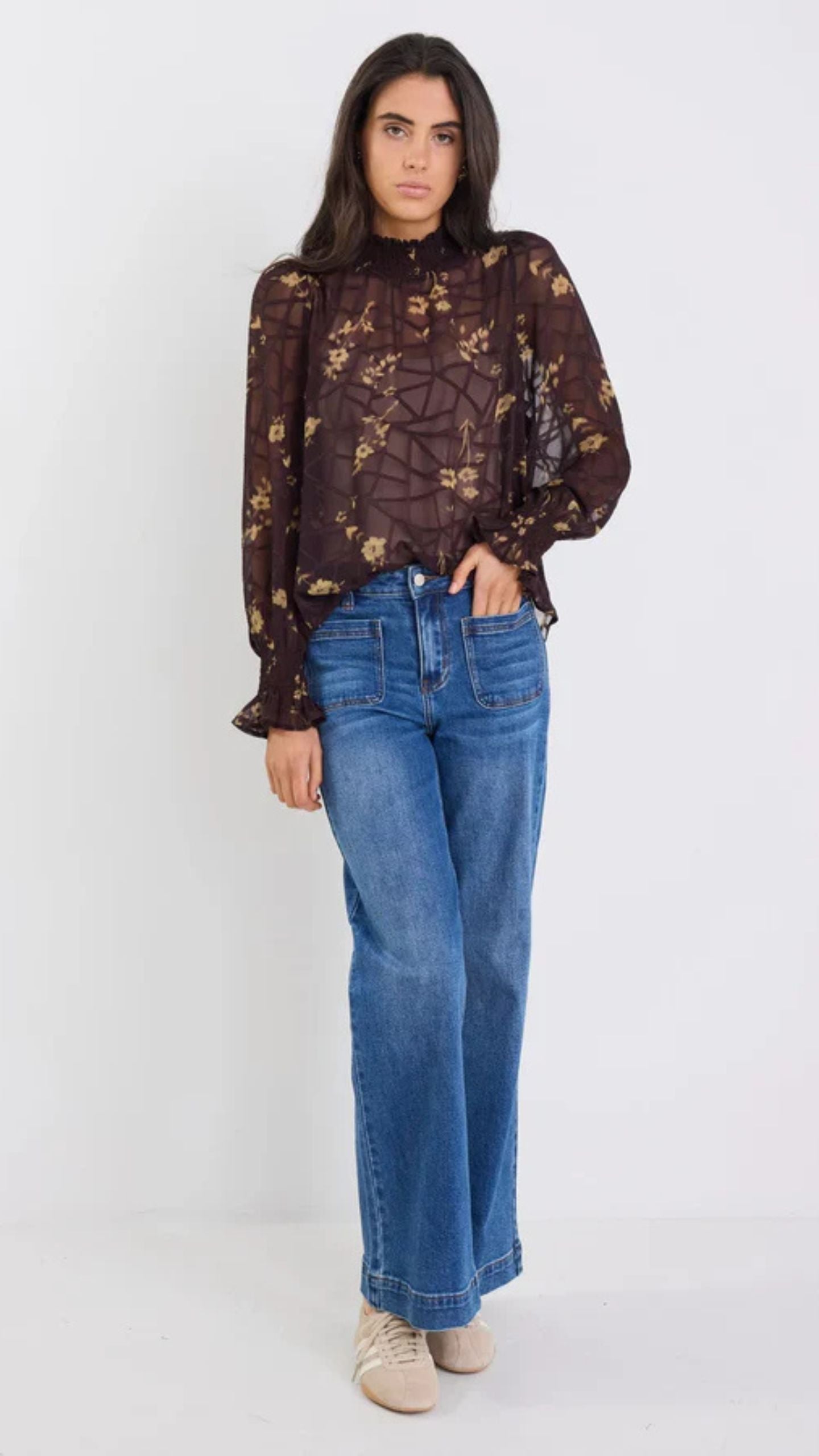 Affection Shirred High LS Top