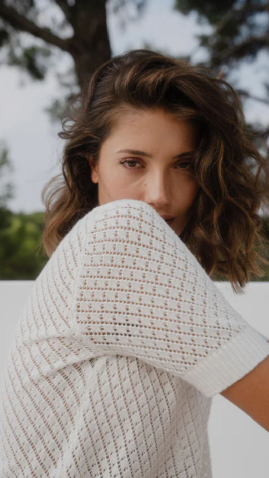 Dapple Ivory Boxy Knit Lace Tee