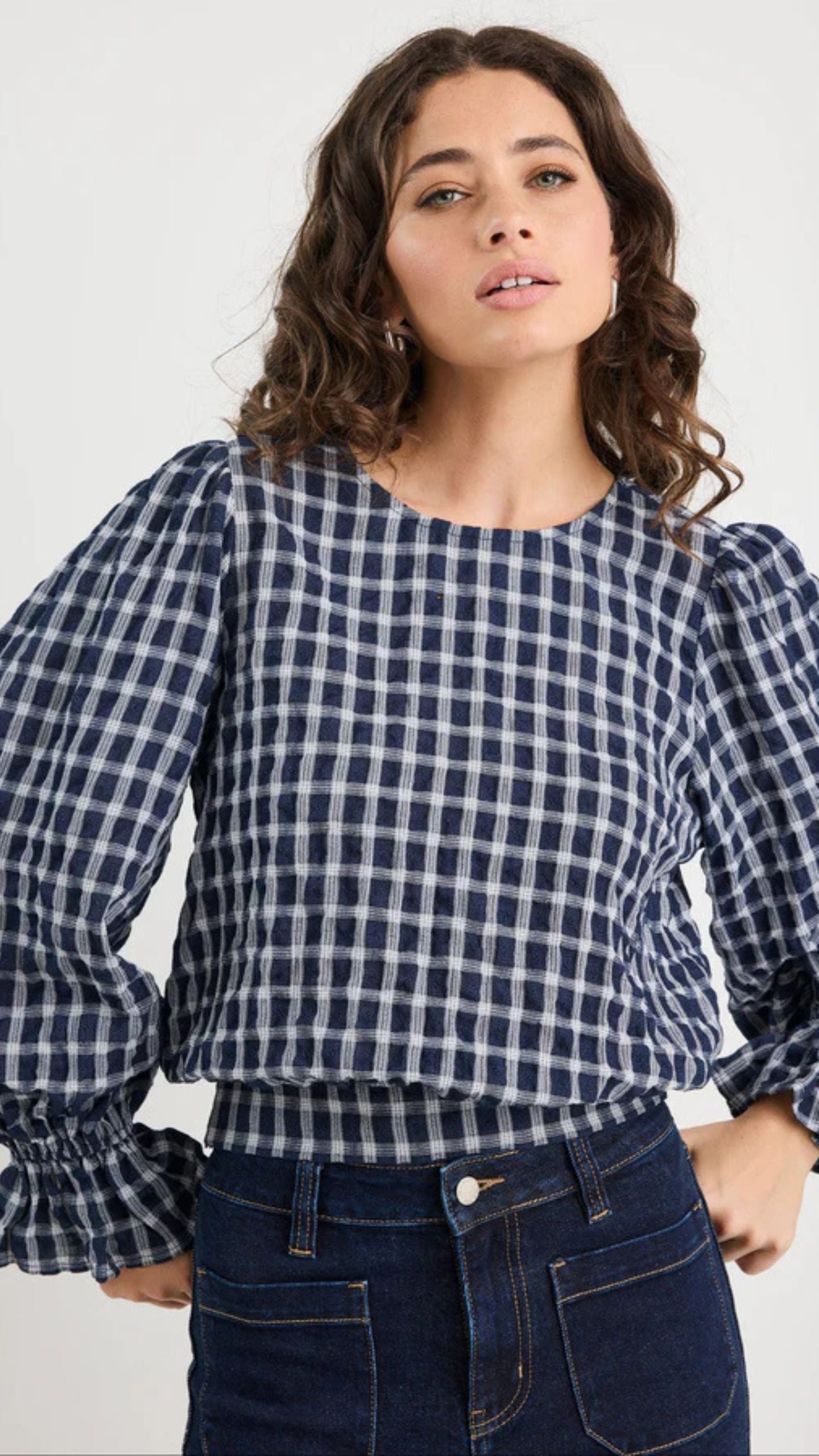 Imagine Check Shirred Back Panel L/S Top
