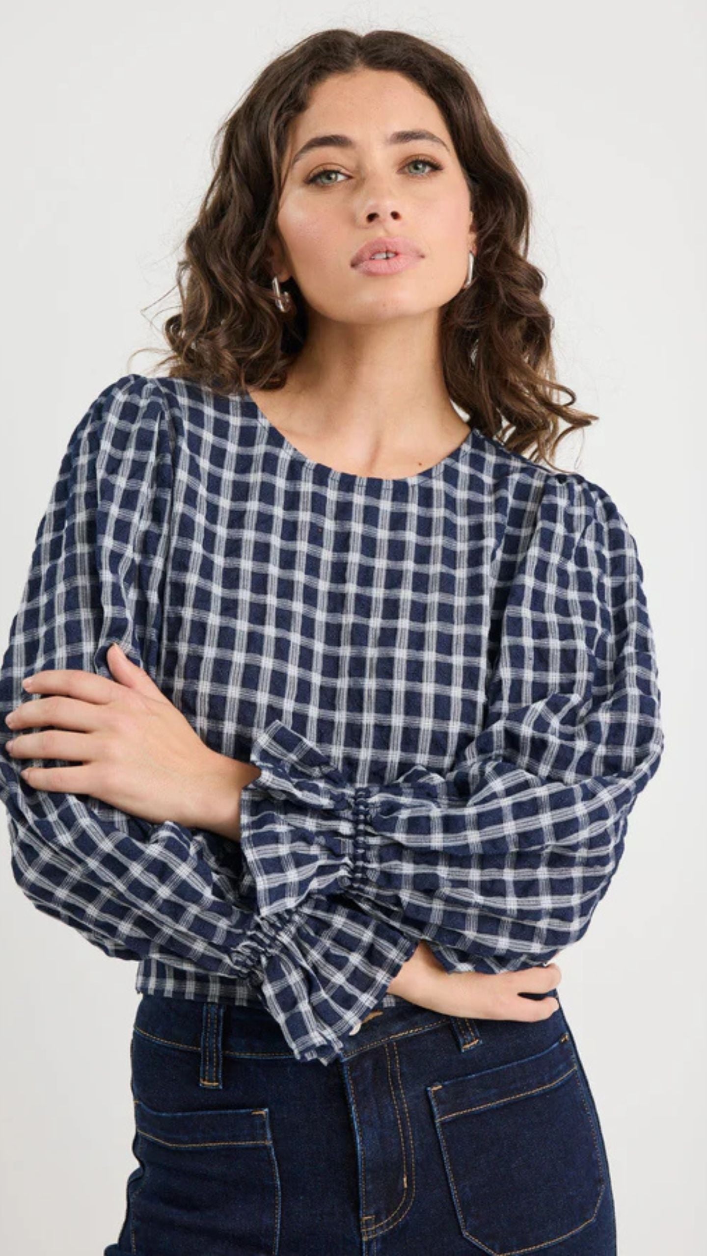 Imagine Check Shirred Back Panel L/S Top