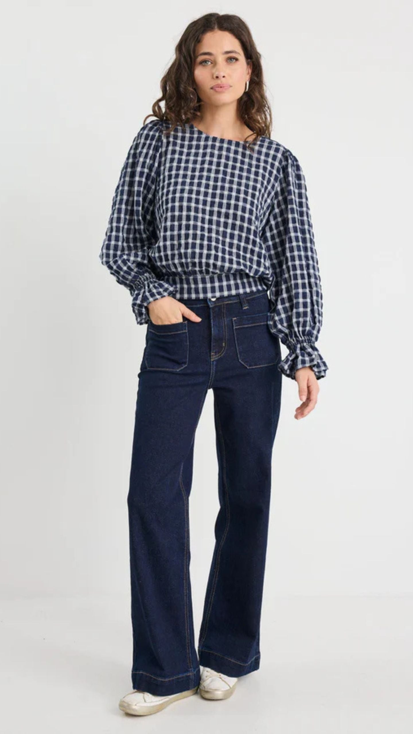 Imagine Check Shirred Back Panel L/S Top