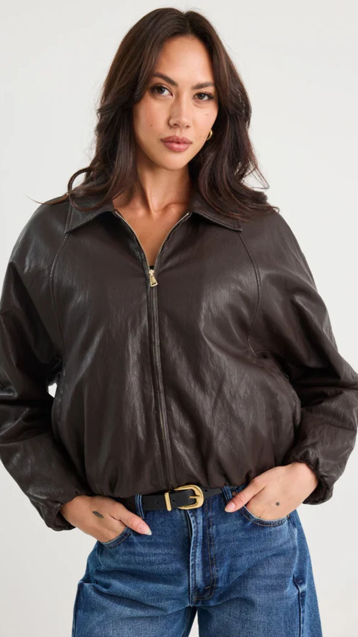 Troupe PU Leather Zip Through Bubble Hem Jacket