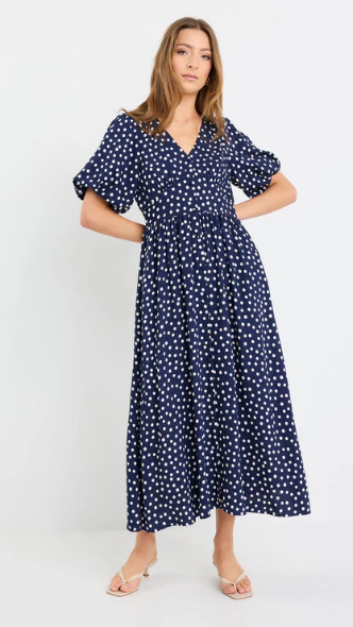 Lisbon Polka Dot Puff Sleeve Midi Dress