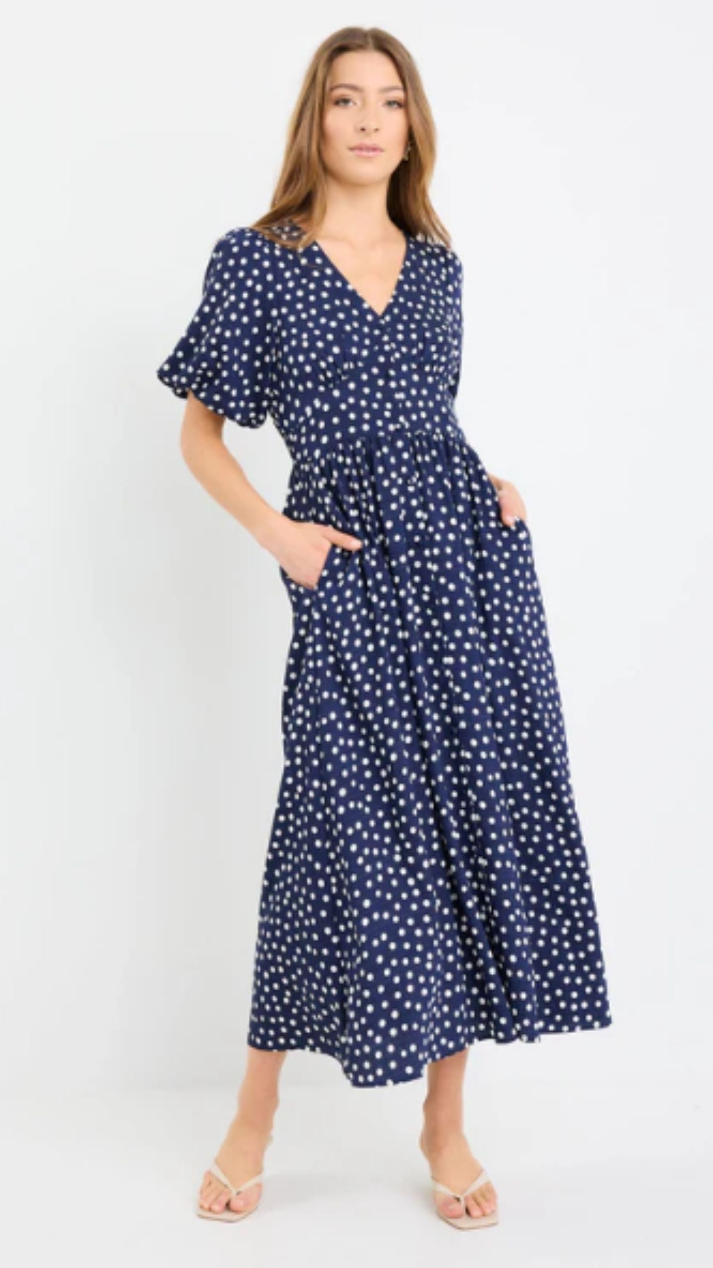 Lisbon Polka Dot Puff Sleeve Midi Dress