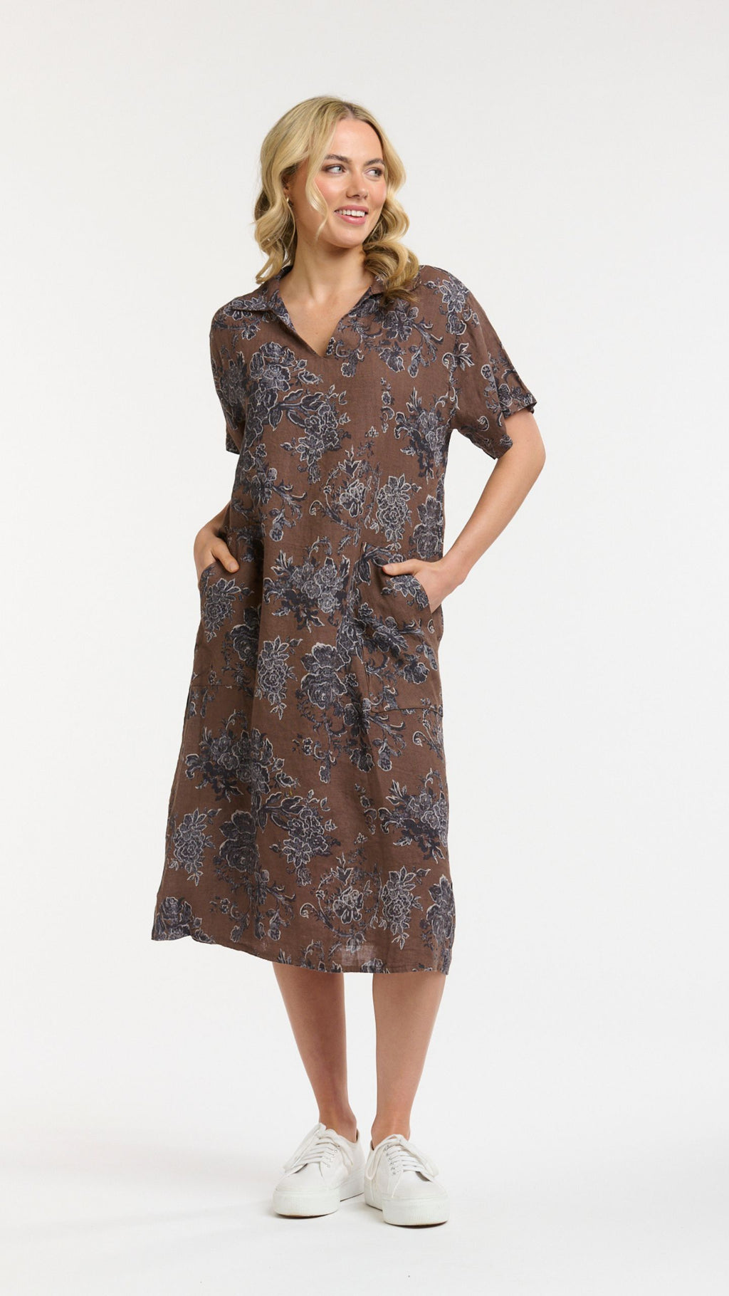 Linen Floral Dress Choco / Blue
