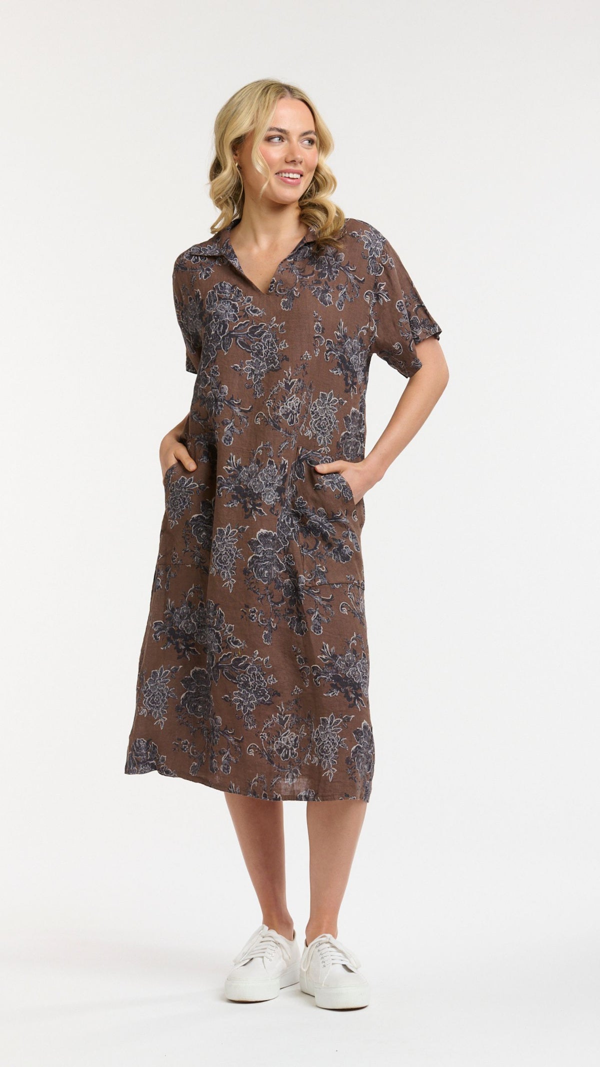 Linen Floral Dress Choco / Blue