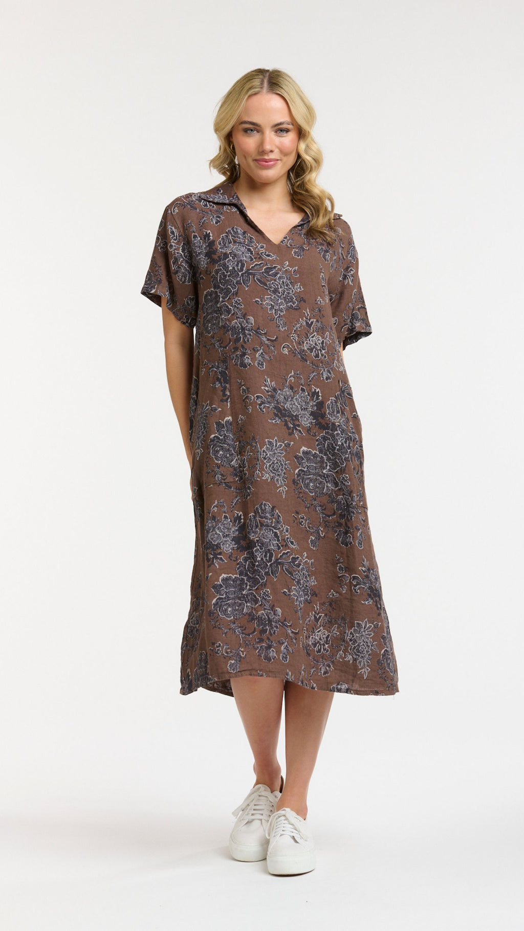 Linen Floral Dress Choco / Blue