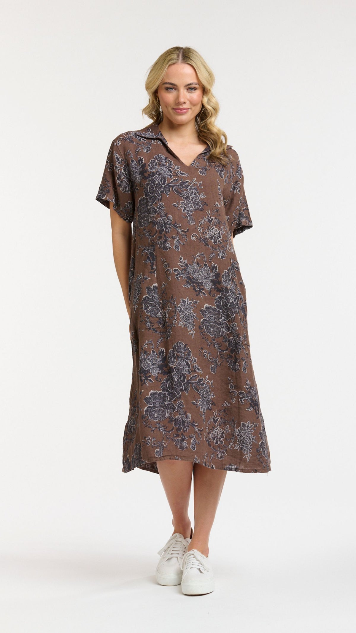 Linen Floral Dress Choco / Blue